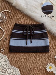 SHEIN MOD Casual Women's Mini Sweater Skirt Brown With Blue Stripes And Drawstring,Knit Skirt,Autumn Wardrobe Styling - Multicolor - View 1