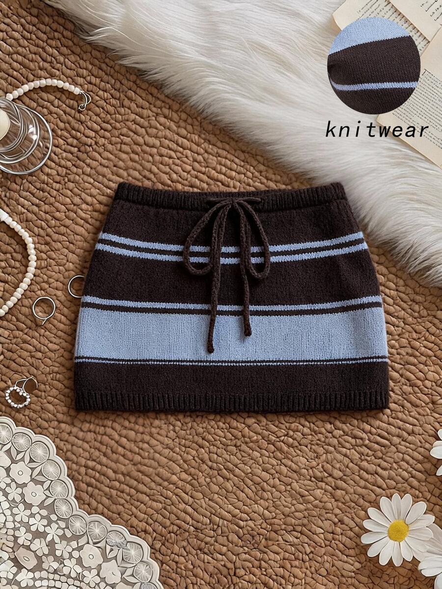 SHEIN MOD Casual Women's Mini Sweater Skirt Brown With Blue Stripes And Drawstring,Knit Skirt,Autumn Wardrobe Styling - Multicolor - View 1