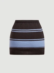 SHEIN MOD Casual Women's Mini Sweater Skirt Brown With Blue Stripes And Drawstring,Knit Skirt,Autumn Wardrobe Styling - Multicolor - View 3