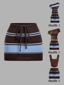 SHEIN MOD Casual Women's Mini Sweater Skirt Brown With Blue Stripes And Drawstring,Knit Skirt,Autumn Wardrobe Styling - Multicolor - View 2