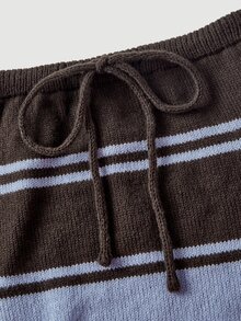 SHEIN MOD Casual Women's Mini Sweater Skirt Brown With Blue Stripes And Drawstring,Knit Skirt,Autumn Wardrobe Styling - Multicolor - View 4
