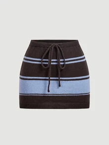 SHEIN MOD Casual Women's Mini Sweater Skirt Brown With Blue Stripes And Drawstring,Knit Skirt,Autumn Wardrobe Styling - Multicolor - View 6