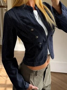 DAZY 女款圓領鈕扣裝飾收腰休閒優雅宴會風牛仔夾克外套 秋季 - 深色水洗藍 - 查看 5