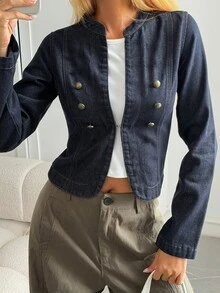 DAZY 女款圓領鈕扣裝飾收腰休閒優雅宴會風牛仔夾克外套 秋季 - 深色水洗藍 - 查看 1