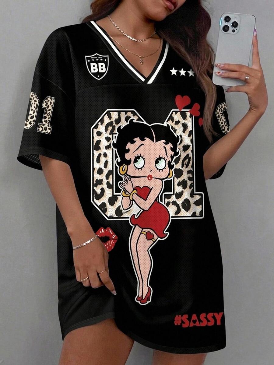 Slaydiva Betty Boop x SHEIN 大尺碼女款數位豹紋V領寬鬆休閒洋裝,適合夏季 - 彩色 - 查看 1
