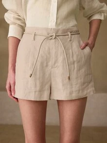 MOTF PREMIUM 100% LINEN TIE WAIST CASUAL SHORTS, SUITABLE FOR SPRING/SUMMER, DAILY WEAR, DATES, VACATIONS - Apricot - View 5