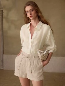 MOTF PREMIUM 100% LINEN TIE WAIST CASUAL SHORTS, SUITABLE FOR SPRING/SUMMER, DAILY WEAR, DATES, VACATIONS - Apricot - View 3