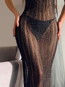 SHEIN Swim 鏤空高開叉勾織罩衫連衣裙不附帶比基尼套裝 - 黑色 - 查看 3