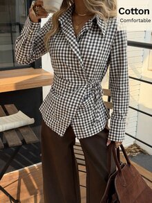 Siren Gaze 純棉棕色格紋格子襯衫，收腰剪裁，長袖V領修身款，適合工作、早午餐、辦公室的優雅穿搭 - 棕色 - 查看 3