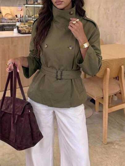 Aloruh Women's Casual Double-Breasted Waist-Cinching Tie-Front Trench Coat Jacket