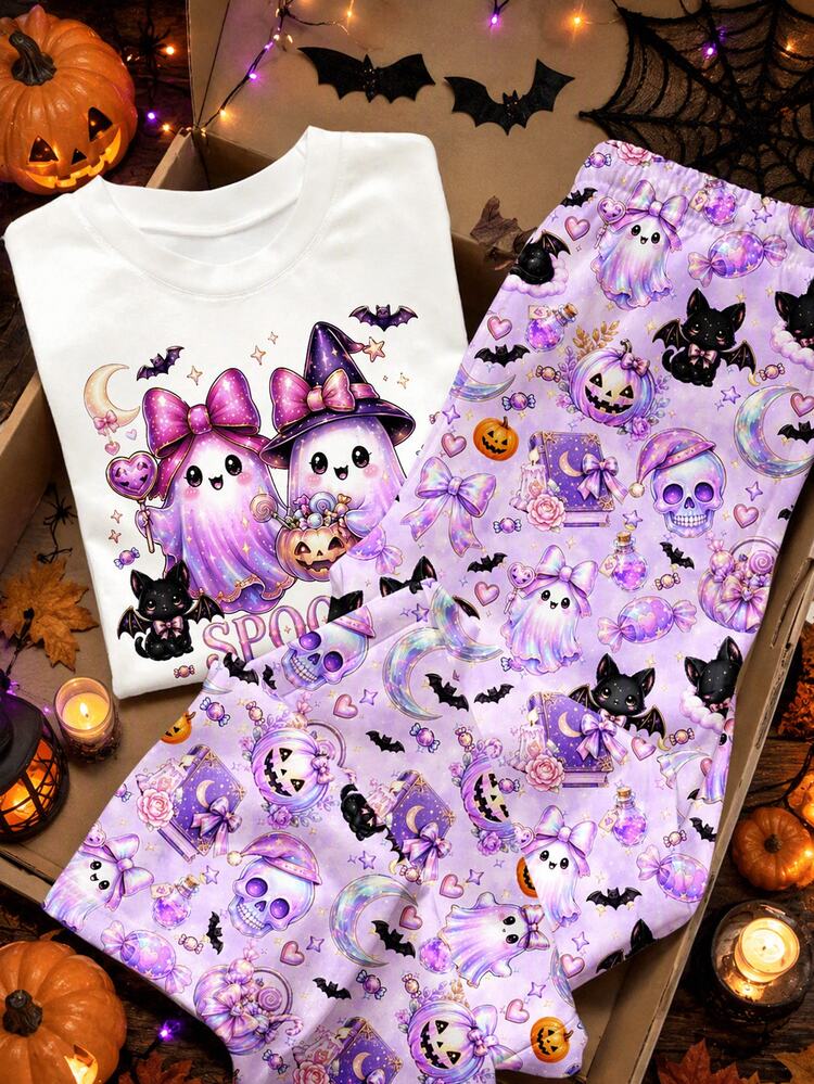 Halloween Party, Star Wish Amethyst, Aurora Jelly Little Witch, Dark Night Little Black Cat, Hey Bootiful No Candy No Tricks! Tween Girl Casual Minimalist Crew Neck Short Sleeve T-Shirt & Disco Flare Pants 2-Piece Set Suitable For Autumn, Halloween! New Season New Arrival! - Multicolor - View 1
