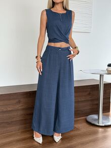 Easowa Women's 2pcs Casual Solid Color Criss-Cross Tie Top Set, Middle-Aged Teachers' Day Brunch Party Vacation Date Dusty Blue Summer - Blue - View 8