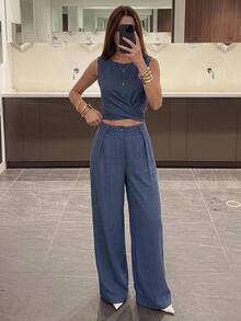 Easowa Women's 2pcs Casual Solid Color Criss-Cross Tie Top Set, Middle-Aged Teachers' Day Brunch Party Vacation Date Dusty Blue Summer - Blue - View 12
