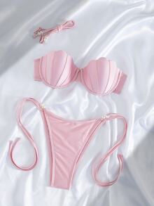 Swim SXY Nuevo estilo veraniego INS Bikini triángulo sexy con lazada, bolso de concha de sirena, conjunto de bikini de 2 piezas de color rosa neón con accesorios de perlas, conjunto de bikini para vacaciones en la playa, conjunto de bikini para fiesta de cumpleaños en la playa - Rosa - Ver 4