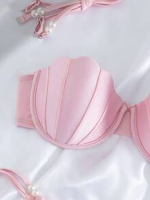 Swim SXY Nuevo estilo veraniego INS Bikini triángulo sexy con lazada, bolso de concha de sirena, conjunto de bikini de 2 piezas de color rosa neón con accesorios de perlas, conjunto de bikini para vacaciones en la playa, conjunto de bikini para fiesta de cumpleaños en la playa - Rosa - Ver 5