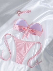 Swim SXY Nuevo estilo veraniego INS Bikini triángulo sexy con lazada, bolso de concha de sirena, conjunto de bikini de 2 piezas de color rosa neón con accesorios de perlas, conjunto de bikini para vacaciones en la playa, conjunto de bikini para fiesta de cumpleaños en la playa - Rosa - Ver 2