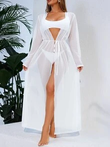 SHEIN Swim 女性夏季海灘透明長袖寬鬆和服外套，附腰帶 - 白色 - 查看 4