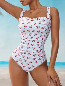 Swim Mod 女士樱桃印花弧形下摆休闲连体泳衣 - 彩色 - 查看 2