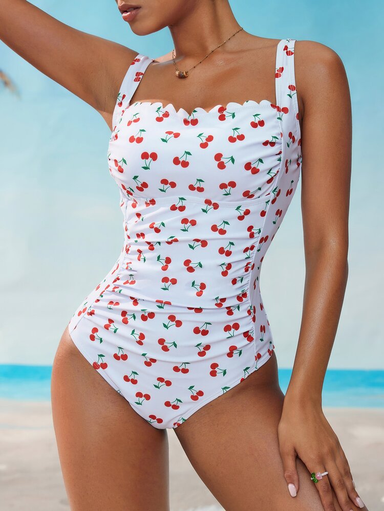 Swim Mod Women's Cherry Print Curved Hemline Casual One-Piece Swimsuit For Summer Beach Vacation - Multicolor - View 1