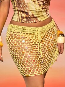 Orbivine Plus Size Women's Sequin Hollow Out Fashion Sexy Tropical Versatile Knit Mini Skirt Beach Cruise Party Yellow Summer - Yellow - View 6