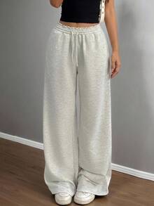 SHEIN Tween Girls Light Grey Loose Fit Low Waist Elastic Waistband Wide Leg Sweatpants,Comfy Flare Sweat Pants For Winter,Holiday,Casual,Spring,Summer,Fall - Light Grey - View 1
