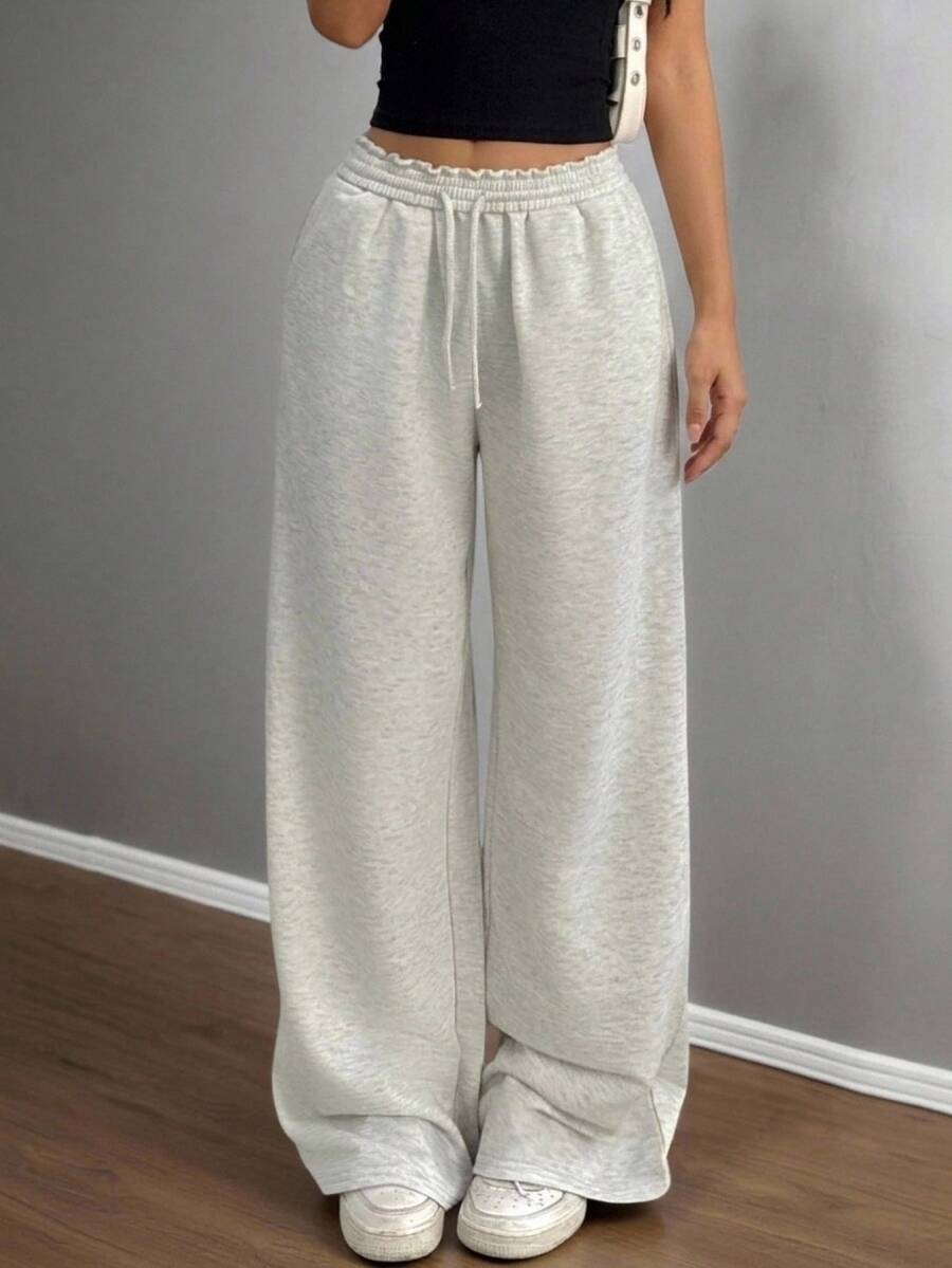 SHEIN Tween Girls Light Grey Loose Fit Low Waist Elastic Waistband Wide Leg Sweatpants,Comfy Flare Sweat Pants For Winter,Holiday,Casual,Spring,Summer,Fall - Light Grey - View 1