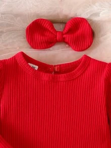 SHEIN 新生兒純棉羅紋長袖連身衣 + 心形印花褲 + 頭帶 3件套 - 紅色 - 查看 4