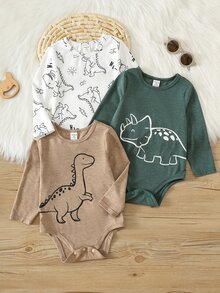 SHEIN 中性嬰兒男/女童 3件組秋冬休閒可愛恐龍圖案長袖連身衣套裝，嬰兒冬季衣物/連身衣，萬聖節 - 綠色 - 查看 3
