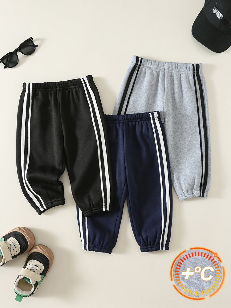 SHEIN 中性嬰兒男孩/女孩幼童 3件組秋冬加厚抓絨休閒百搭時尚運動風運動長褲套裝，運動褲，嬰兒冬季下身褲/長褲 - 黑色 - 查看 5