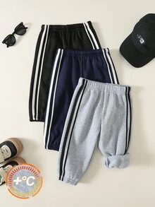 SHEIN 中性嬰兒男/女童 幼兒 3件組 秋冬保暖內裡加厚休閒百搭時尚運動風運動長褲 多件套裝 運動褲 嬰兒冬季下身褲/長褲 - 黑色 - 查看 4