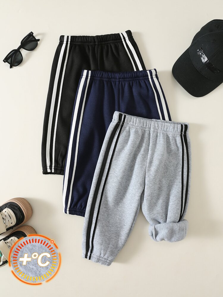 SHEIN 中性嬰兒男孩/女孩幼童 3件組秋冬加厚抓絨休閒百搭時尚運動風運動長褲套裝，運動褲，嬰兒冬季下身褲/長褲 - 黑色 - 查看 3