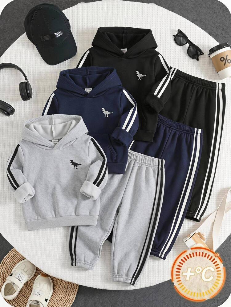 SHEIN 中性嬰兒男孩/女孩幼童 3件組秋冬加厚抓絨休閒百搭時尚運動風運動長褲套裝，運動褲，嬰兒冬季下身褲/長褲 - 黑色 - 查看 1