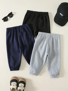 SHEIN 中性嬰兒男/女童 幼兒 3件組 秋冬保暖內裡加厚休閒百搭時尚運動風運動長褲 多件套裝 運動褲 嬰兒冬季下身褲/長褲 - 黑色 - 查看 3