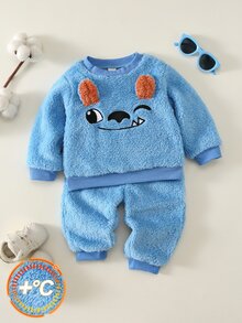 SHEIN 中性嬰兒男童幼兒秋冬保暖內裡加厚可愛動物圖案毛絨運動衫套裝，萬聖節 - 藍色 - 查看 8