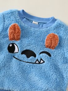 SHEIN 中性嬰兒男童幼兒秋冬保暖內裡加厚可愛動物圖案毛絨運動衫套裝，萬聖節 - 藍色 - 查看 6