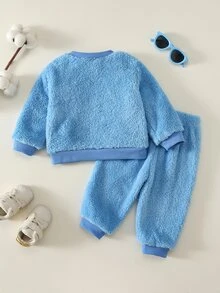 SHEIN 中性嬰兒男童幼兒秋冬保暖內裡加厚可愛動物圖案毛絨運動衫套裝，萬聖節 - 藍色 - 查看 3