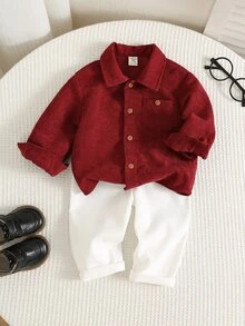 SHEIN 男女嬰兒/幼兒 2件組秋冬休閒可愛波爾多紅燈芯絨襯衫套裝，嬰兒冬季服飾，聖誕 - 酒紅色 - 查看 3