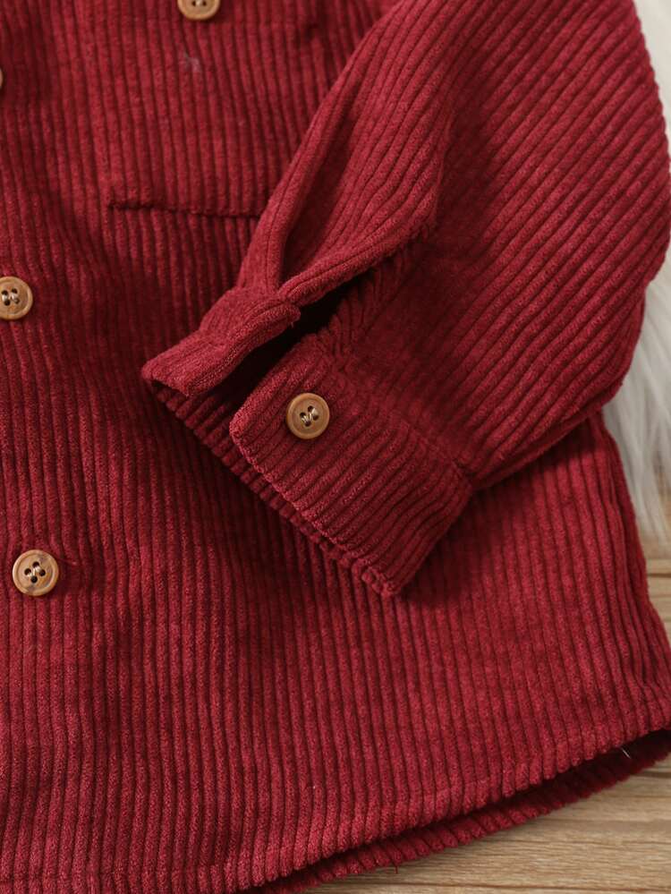 SHEIN Unisex Baby Boy/Girl, Toddler 2pcs Autumn/Winter Casual Cute Burgundy Corduroy Shirt Set, Baby Winter Clothes, Christmas - Burgundy - View 5