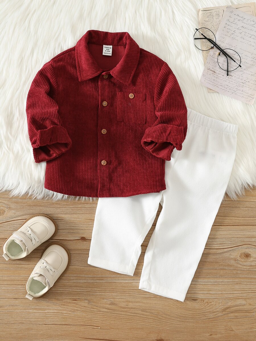 SHEIN 男女嬰兒/幼兒 2件組秋冬休閒可愛波爾多紅燈芯絨襯衫套裝,嬰兒冬季服飾,聖誕 - 酒紅色 - 查看 1