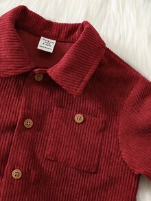 SHEIN 男女嬰兒/幼兒 2件組秋冬休閒可愛波爾多紅燈芯絨襯衫套裝，嬰兒冬季服飾，聖誕 - 酒紅色 - 查看 4