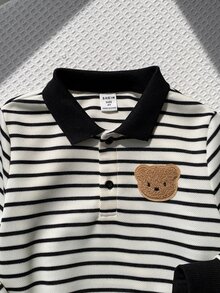 SHEIN 兒童小男孩 2件組秋冬休閒學院風條紋 Polo 衛衣與燈芯絨長褲套裝，小男孩秋冬服飾套裝，柔軟復古，返校穿搭 - 黑色 - 查看 9