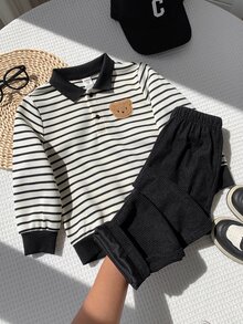 SHEIN 兒童小男孩 2件組秋冬休閒學院風條紋 Polo 衛衣與燈芯絨長褲套裝，小男孩秋冬服飾套裝，柔軟復古，返校穿搭 - 黑色 - 查看 7