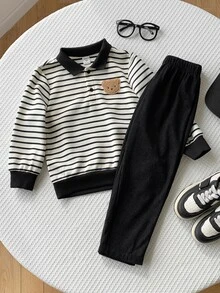 SHEIN 兒童小男孩 2件組秋冬休閒學院風條紋 Polo 衛衣與燈芯絨長褲套裝，小男孩秋冬服飾套裝，柔軟復古，返校穿搭 - 黑色 - 查看 5