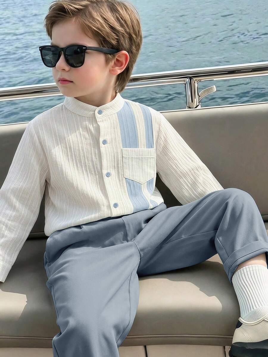 SHEIN 兒童小男孩配色條紋口袋翻領短袖鈕扣襯衫與短褲2件套,短褲套裝2件組,適合日常穿著,適合外出 - 霧霾藍 - 查看 1