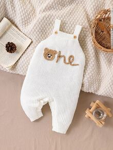 SHEIN Vintaside Kids 男婴毛衣，时尚可爱百搭小熊提花针织连体裤 - 白色 - 查看 1