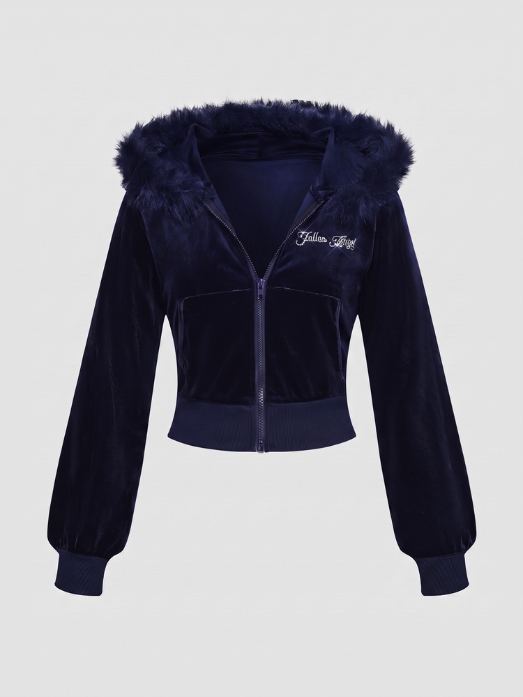 ROMWE Grunge Punk Y2K Millennium Hot Girl Velvet Rhinestone Pattern Fitted Hooded Sweatshirt Low Waist Flare Pants Women 2 Pieces Set - Navy Blue - View 5
