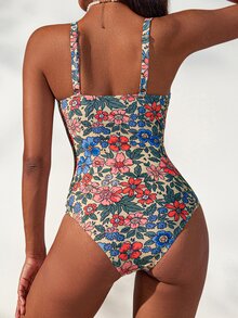 SHEIN Swim 1 件女式花卉全身印花可调节肩带修身连体泳衣，适合夏季海滩度假 - 彩色 - 查看 3