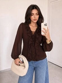 Solavon Blus Wanita Gaya Prancis Sederhana Lembut Romantis Elegan dengan Rumbai, Kancing, dan Tali, Cocok untuk Komuter, Bar, Pesta, Kantor, Jalan-jalan, Pakaian Musim Gugur, Cokelat Tua - Coklat - View 1