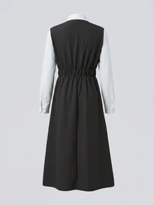 SHEIN Gaun Lengan Panjang 2 in 1 dengan Desain Kancing Ganda untuk Remaja Perempuan - Grey - View 2