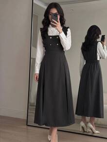SHEIN Gaun Lengan Panjang 2 in 1 dengan Desain Kancing Ganda untuk Remaja Perempuan - Grey - View 1